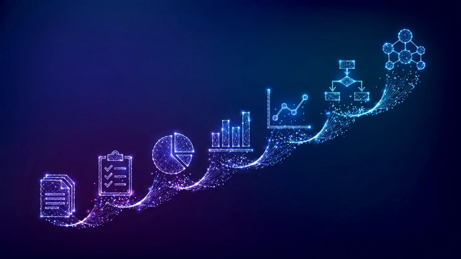 Glowing neon icons of documents, charts, and flowcharts ascending in a digital stream representing content formats.