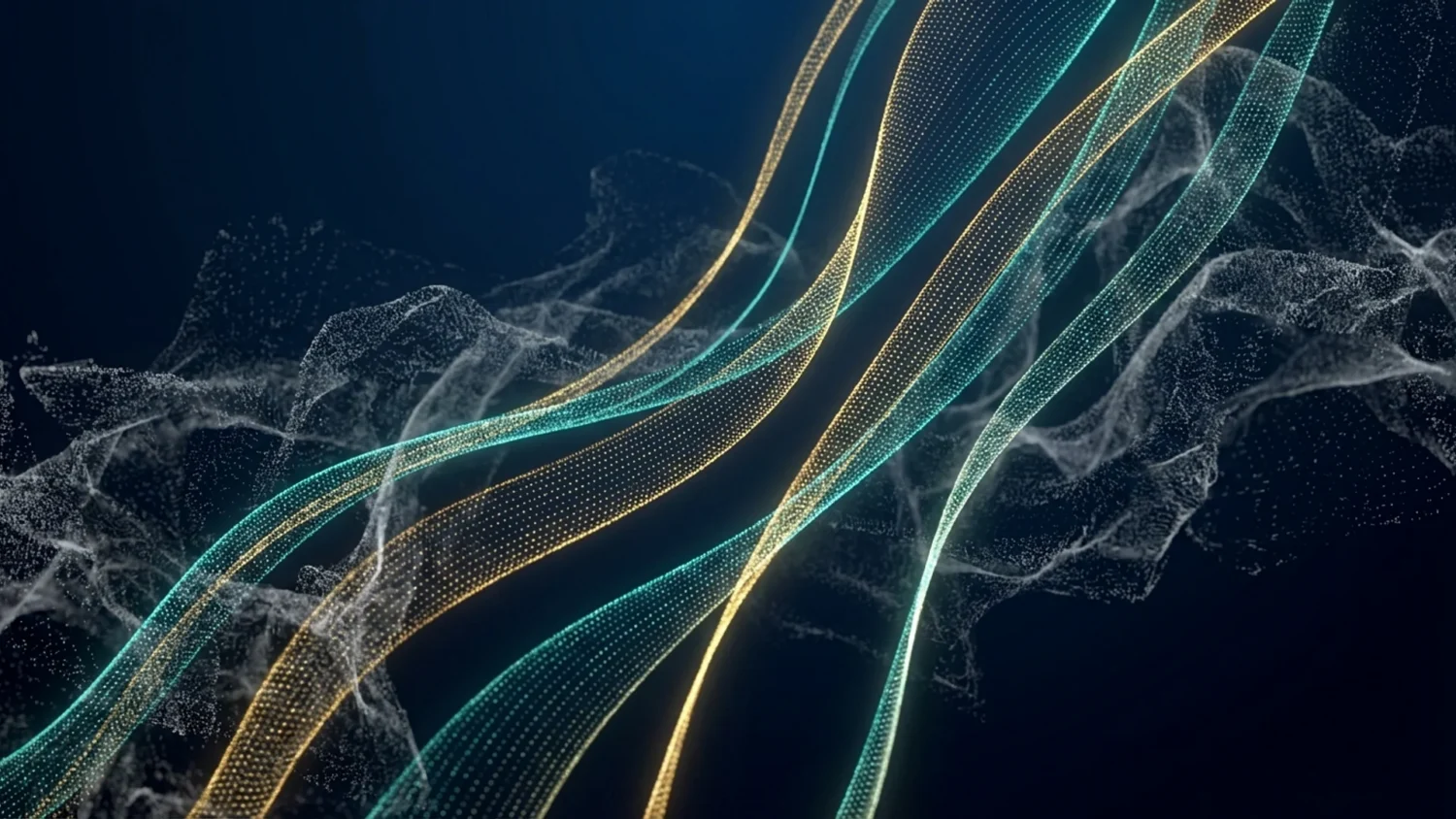 Abstract gold and cyan particle waves flowing on dark blue, representing distinct executive tone profiles.