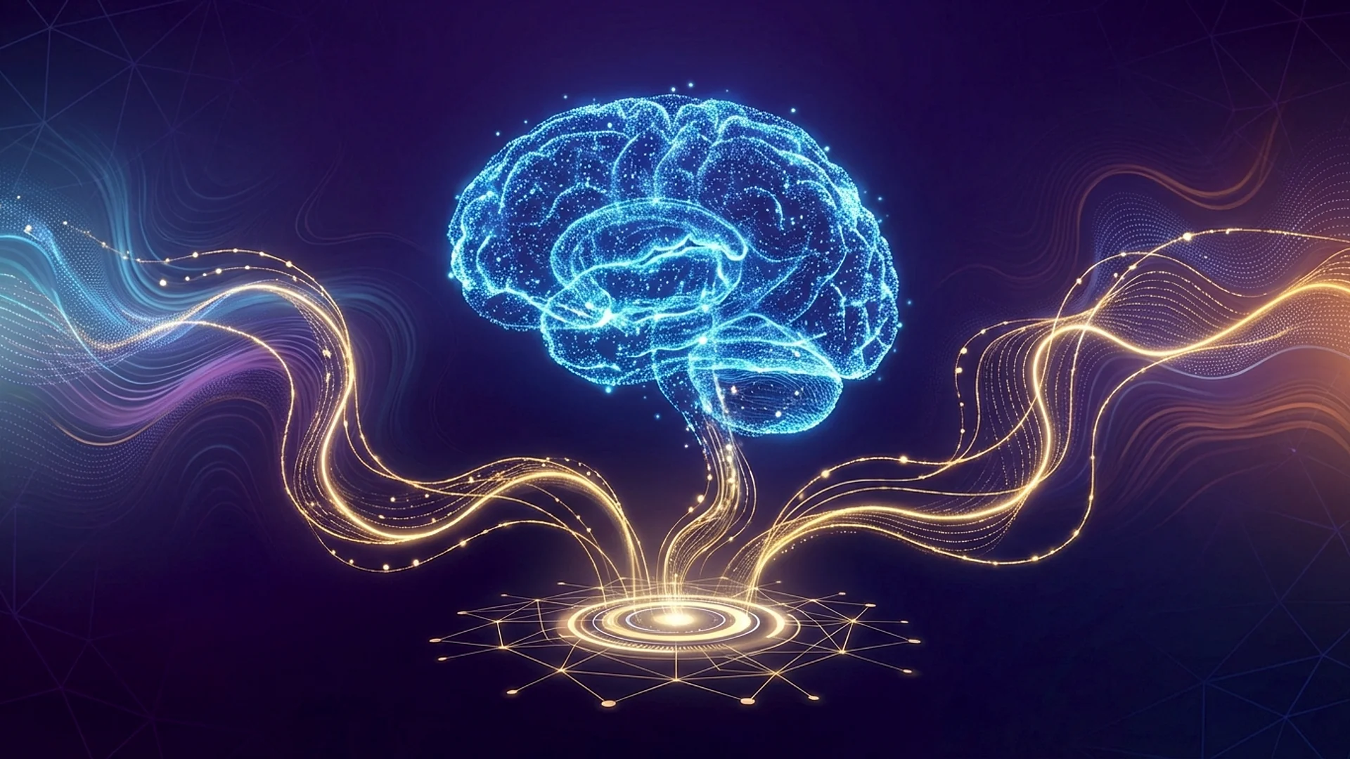Glowing blue AI brain visualization with gold data streams flowing into a central digital network hub.