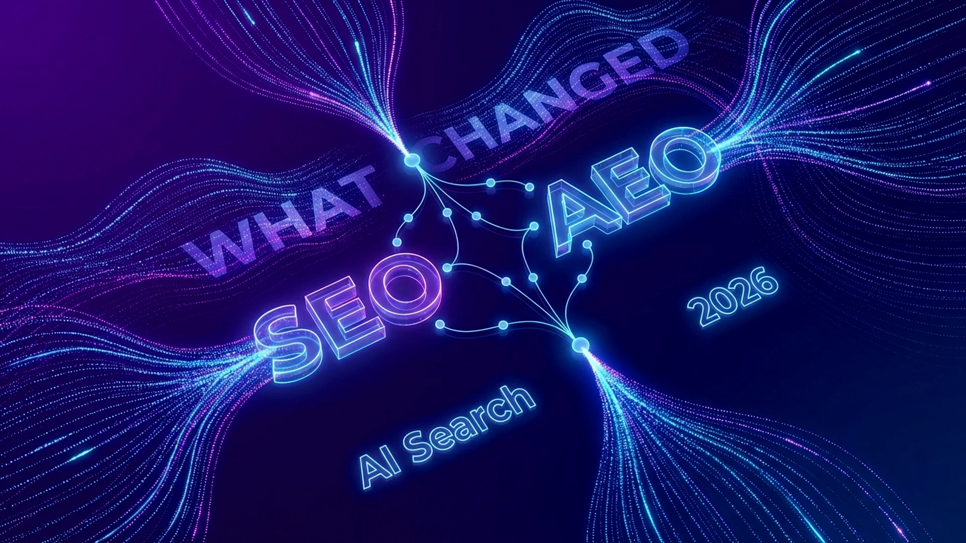 Neon 3D text reading SEO, AEO, and AI Search 2026 connected by flowing blue and purple digital network lines.