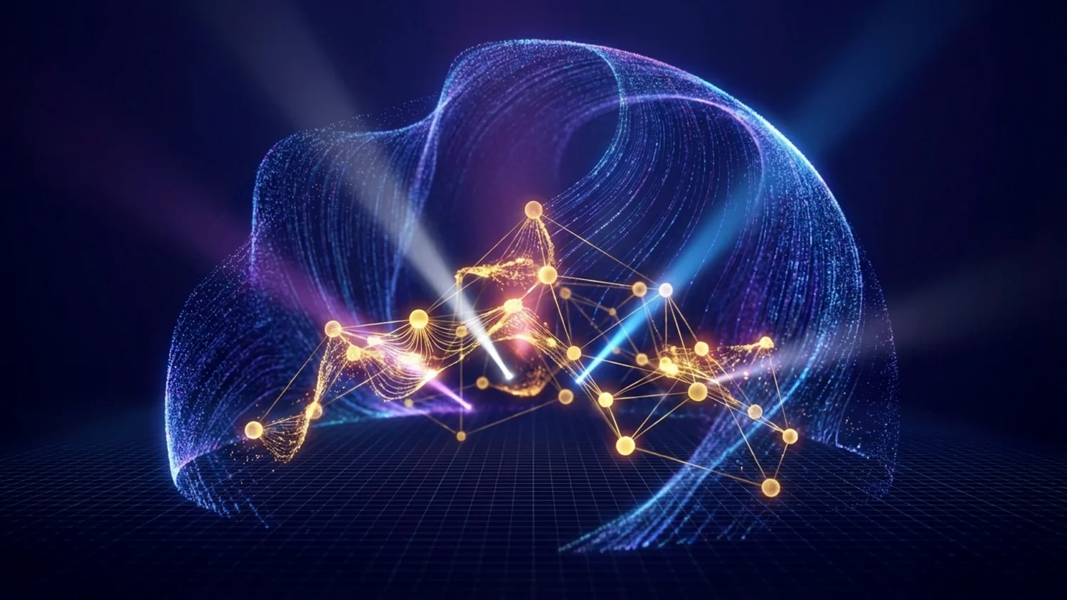 Glowing network of interconnected golden nodes and blue data waves visualizing a brand knowledge graph.