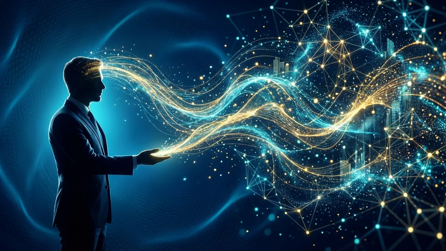 Silhouette of an executive projecting golden digital light streams into a vast network of glowing data nodes.