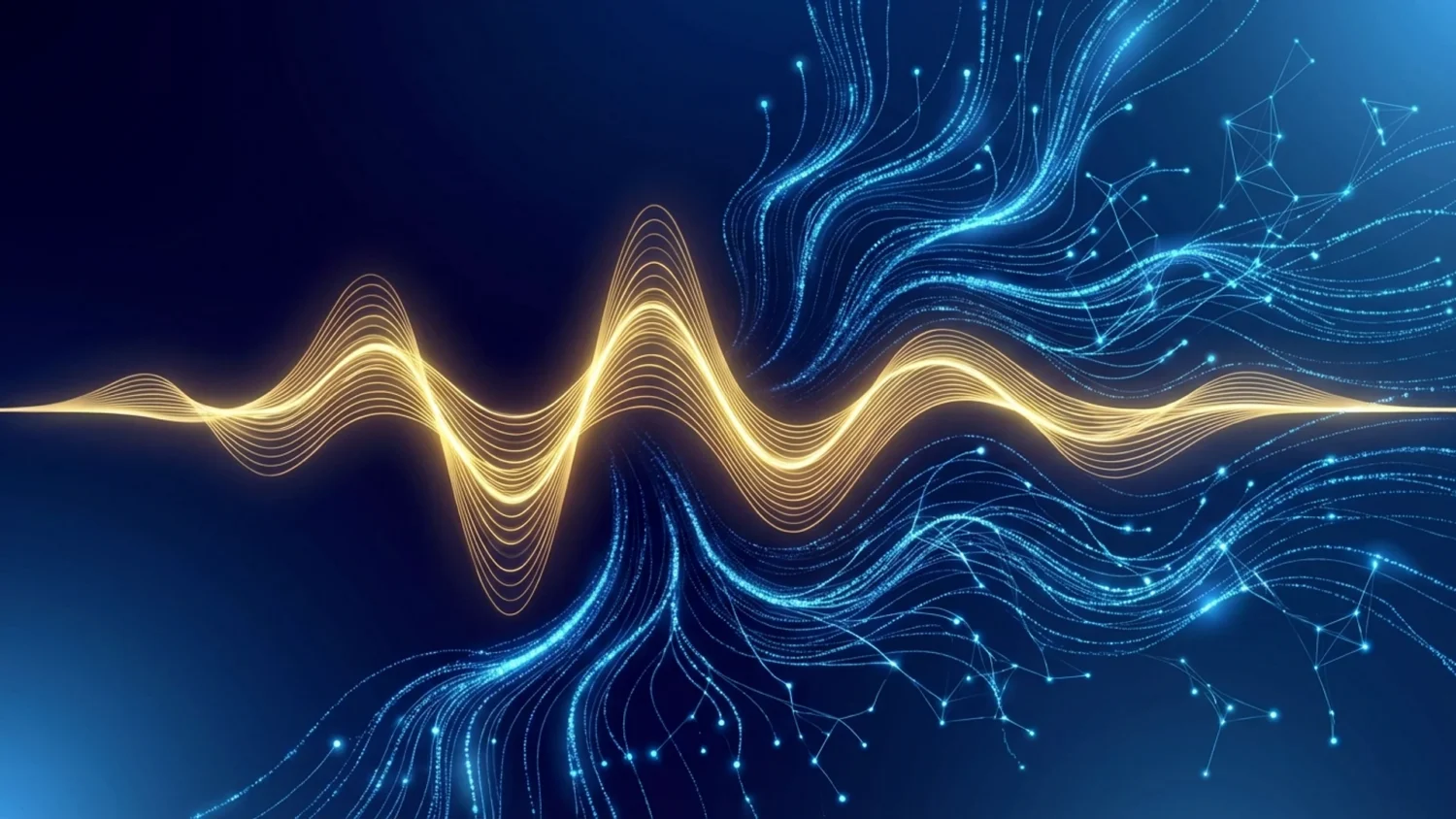 Golden soundwave frequency representing executive voice amidst blue digital network lines.