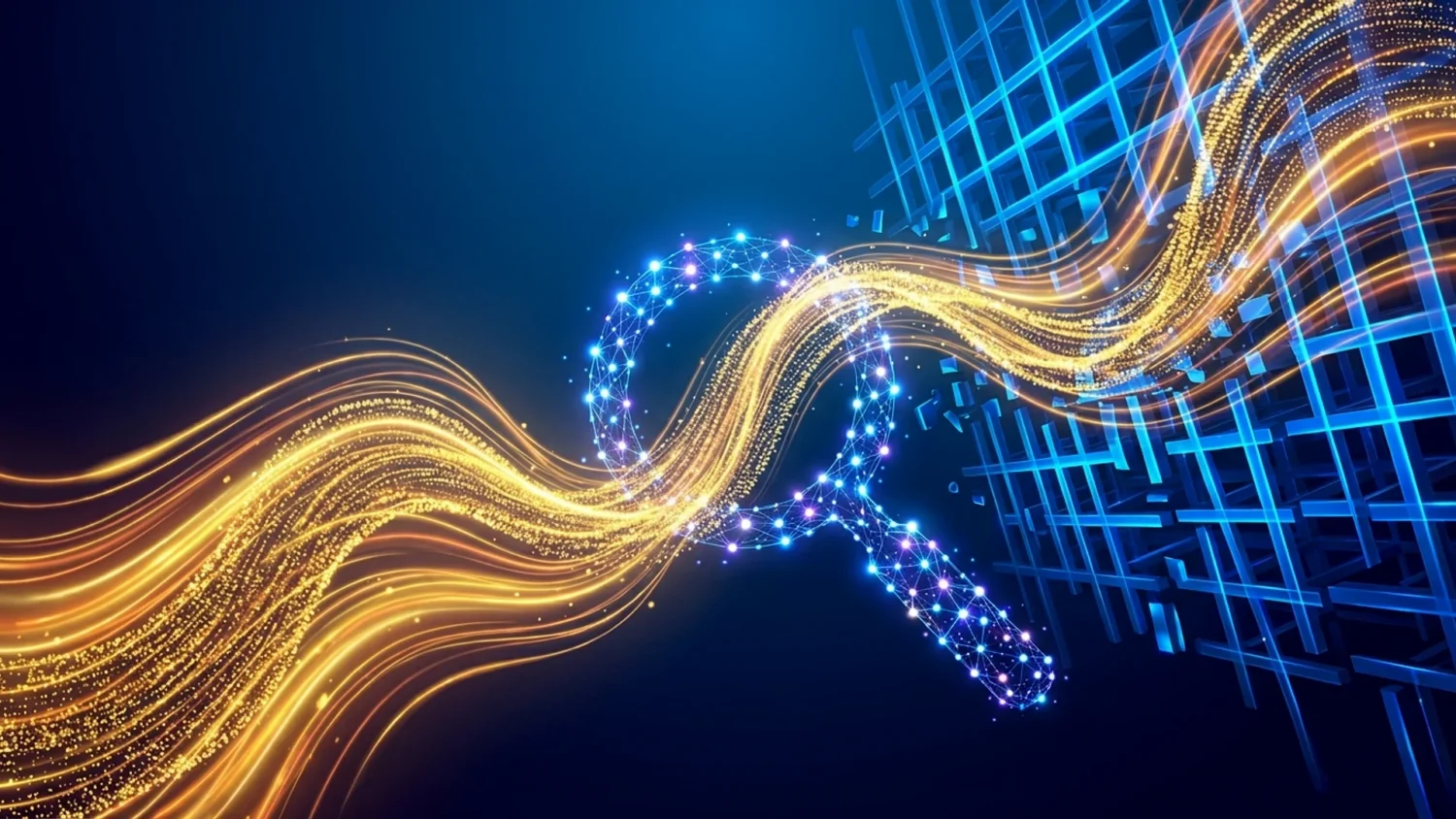 Golden data streams pass through a glowing digital magnifying glass on a blue grid, denoting AI search.