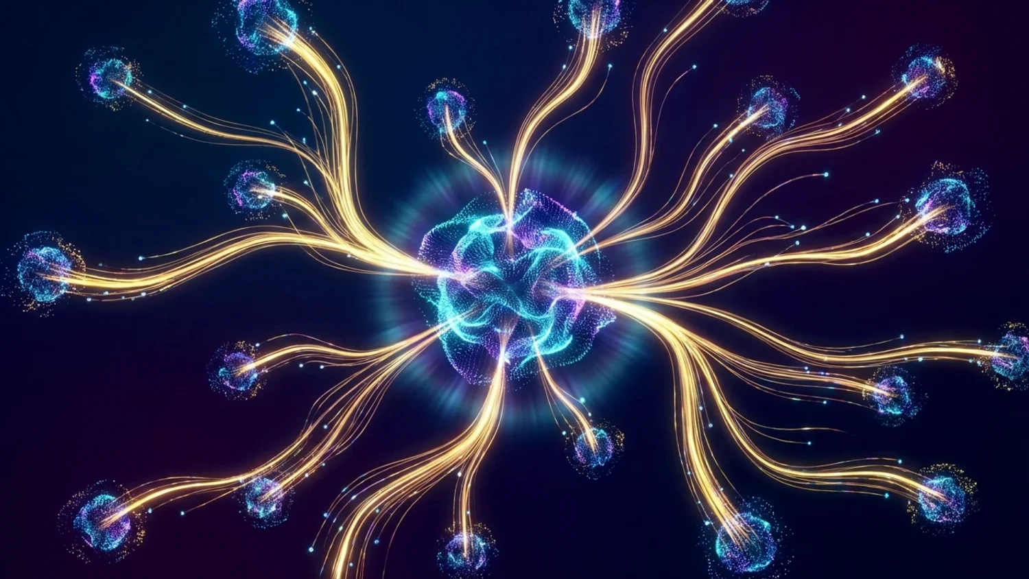 Glowing central blue hub connected to outer nodes by golden strands, illustrating hub-and-spoke content architecture.