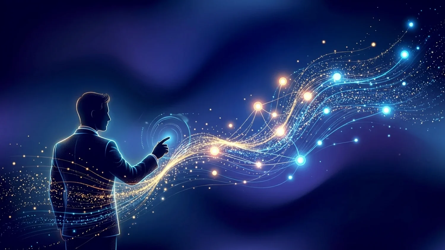 Silhouette of executive touching glowing data streams and network nodes representing thought leadership impact metrics.