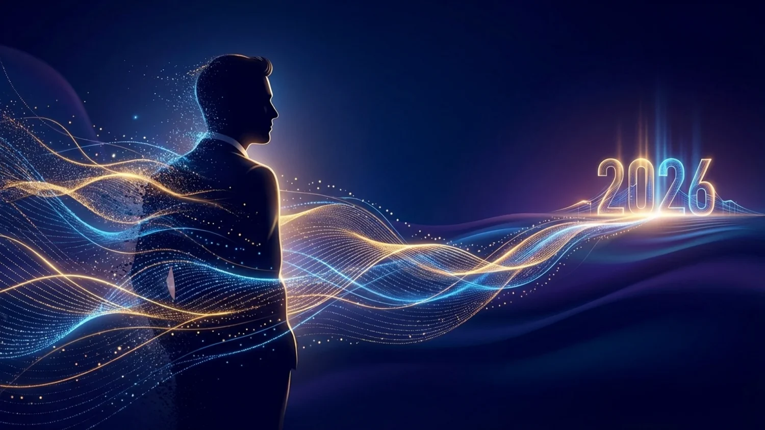 Professional silhouette observing glowing 2026 text amidst flowing blue data streams and digital light particles.
