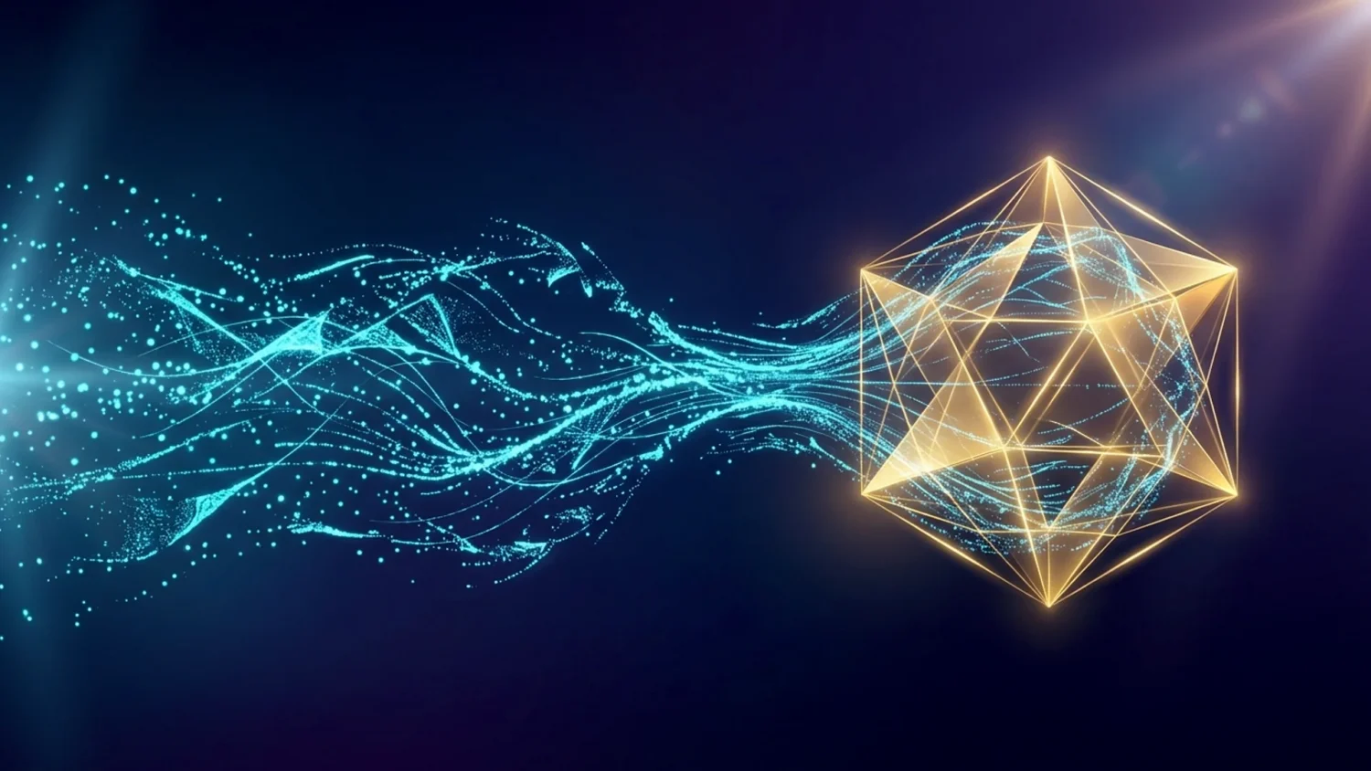 Chaotic blue streams converging into a perfect golden geometric shape, symbolizing quality thought leadership.