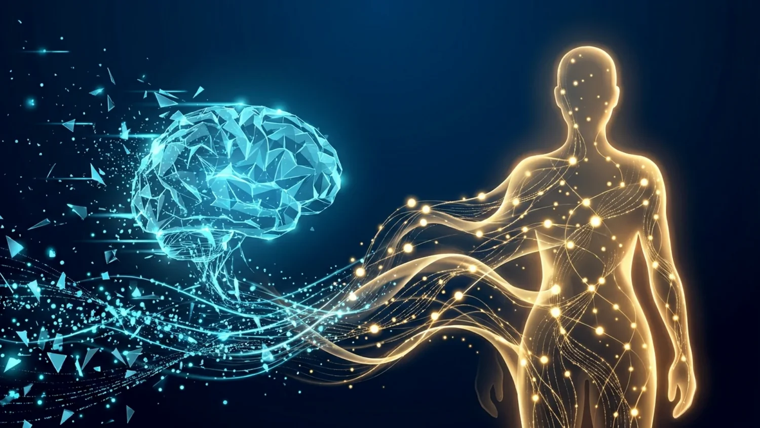 Digital blue brain connected to a glowing golden human silhouette via flowing light streams representing human-managed AI.