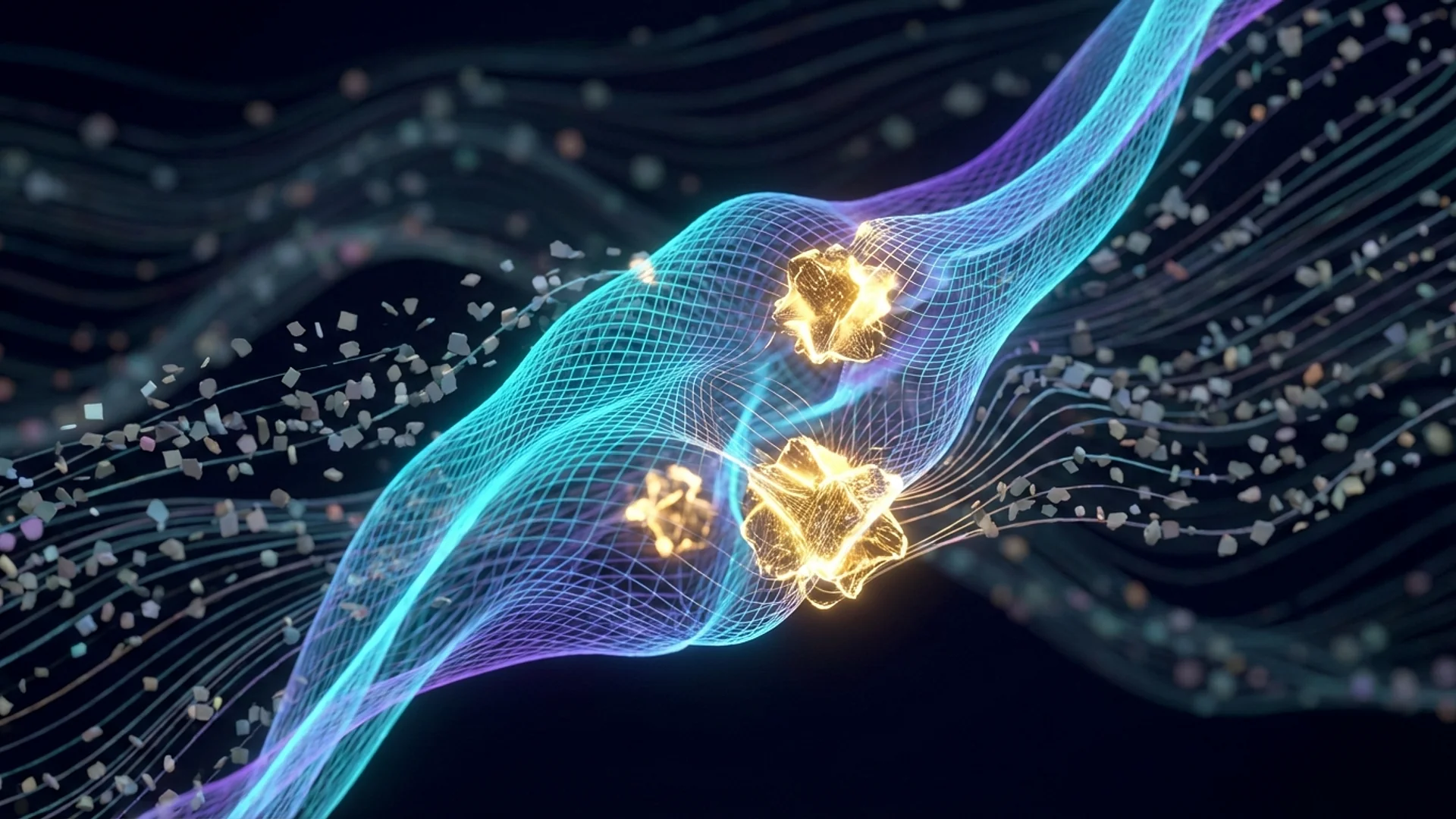 Glowing gold geometric nodes floating in streams of blue and purple digital network mesh.