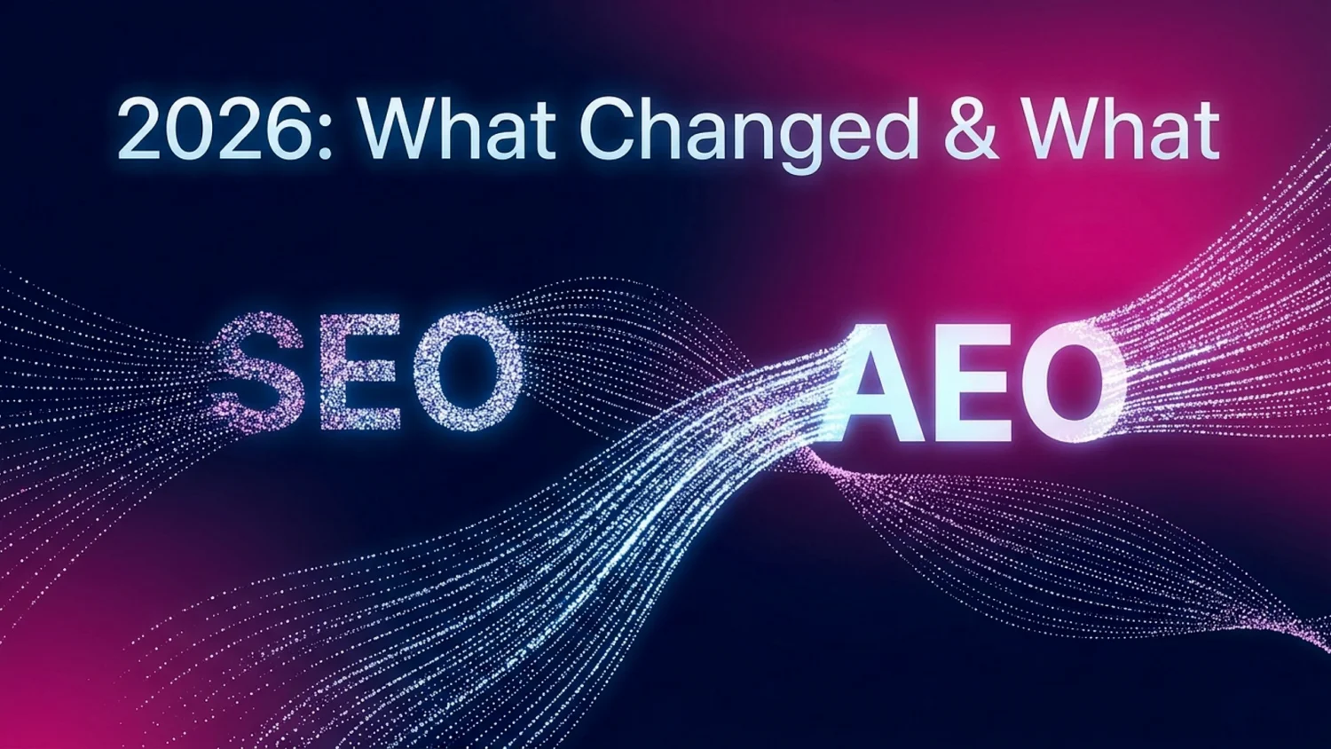 Glowing digital waves transition dotted SEO text into bright AEO letters under '2026: What Changed & What'.