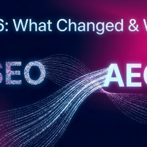Glowing digital waves transition dotted SEO text into bright AEO letters under '2026: What Changed & What'.