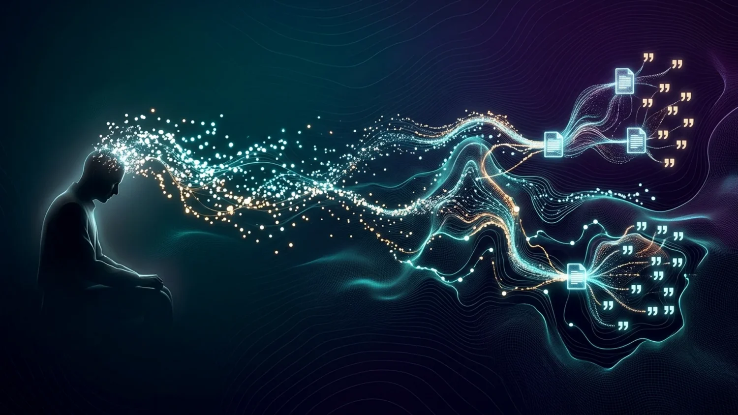 Glowing particles flow from a silhouette's head, becoming digital streams, document icons, and citable quote marks.