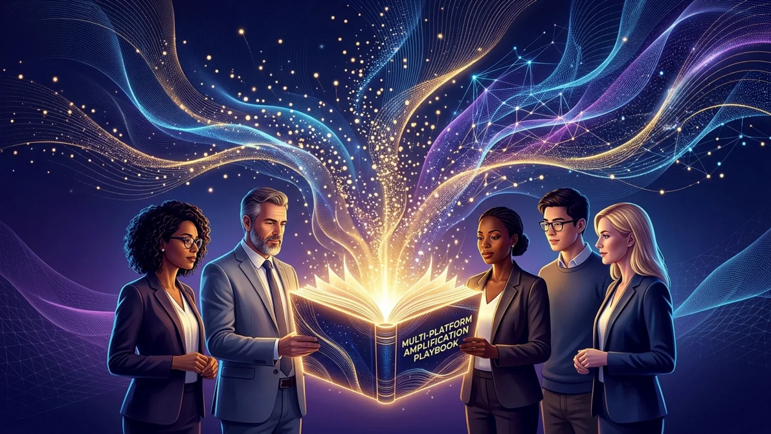 Diverse experts around a glowing Multi-Platform Amplification Playbook emitting digital light and network streams.