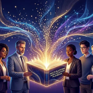 Diverse experts around a glowing Multi-Platform Amplification Playbook emitting digital light and network streams.