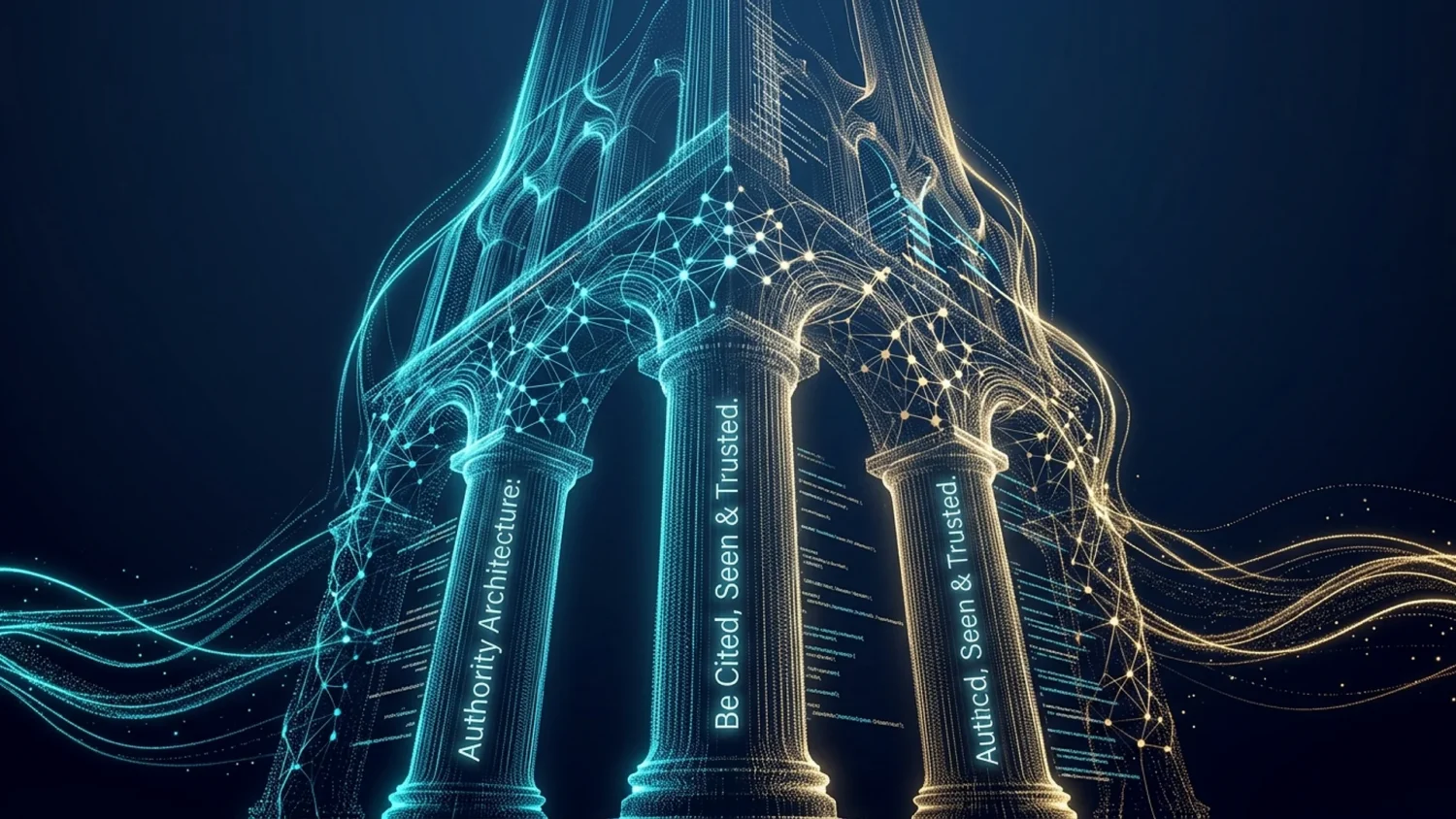 Glowing digital pillars made of data networks, inscribed with Authority Architecture and Be Cited, Seen & Trusted.