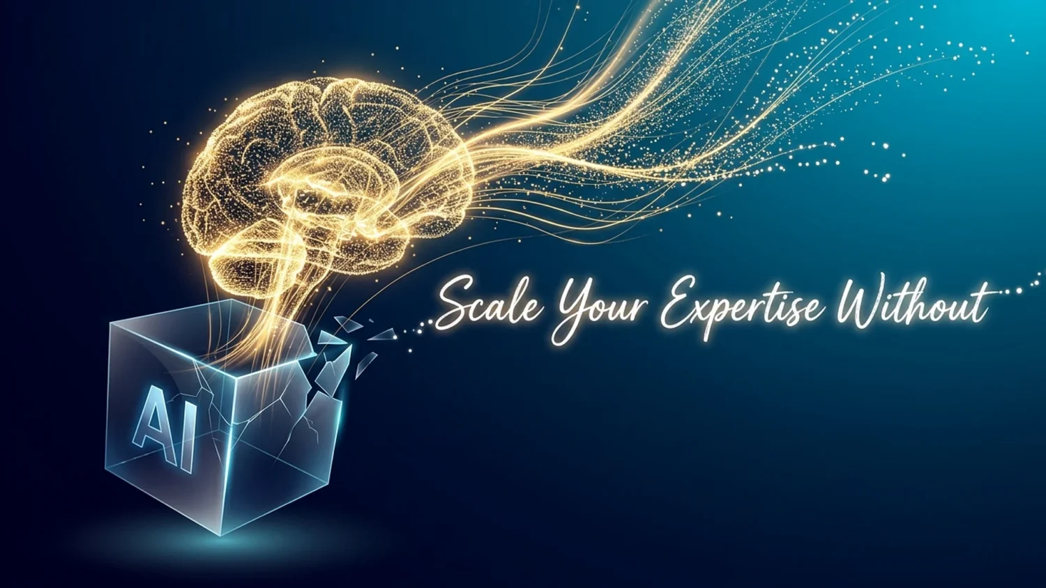 Glowing digital brain emerging from a shattered AI cube, with the text "Scale Your Expertise Without".