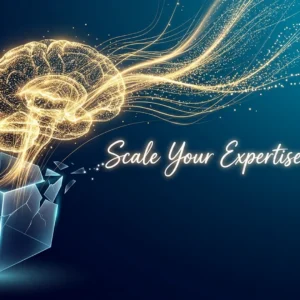 Glowing digital brain emerging from a shattered AI cube, with the text "Scale Your Expertise Without".