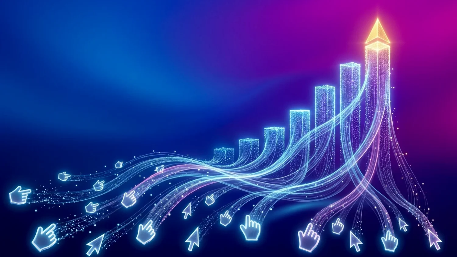 Glowing cursor icons and clicks merge into upward data streams, forming a rising bar chart of authority and influence.