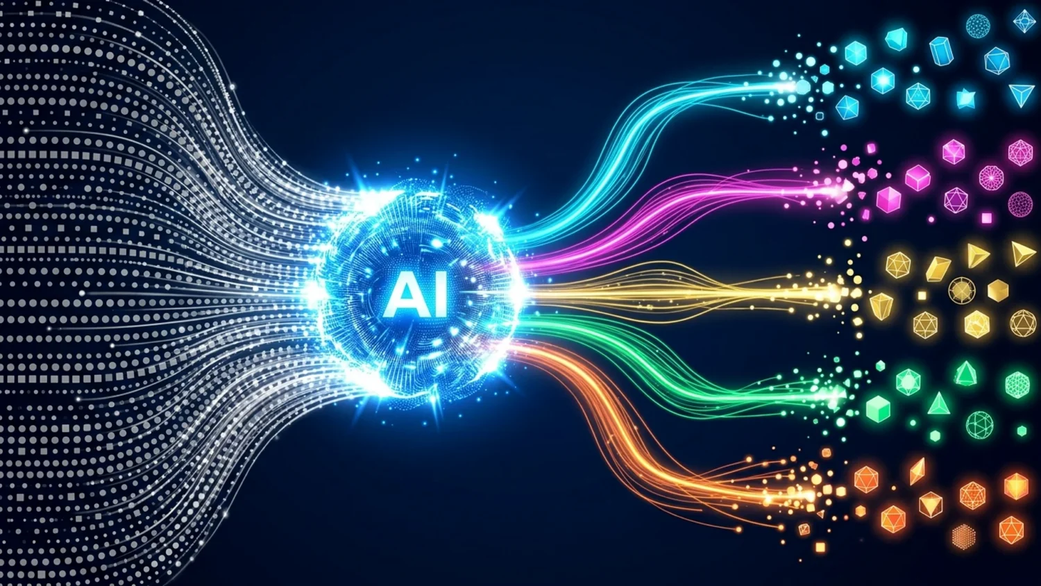 Glowing AI sphere processing uniform white data lines into 5 colorful streams of distinct geometric shapes.