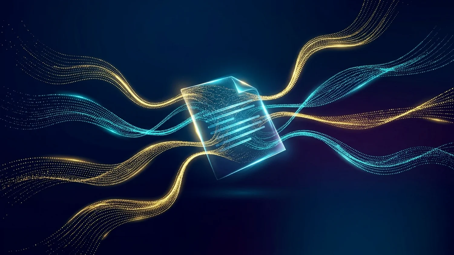 Blue and gold data streams intersect a glowing digital document, representing digital trust signals for a vendor shortlist.