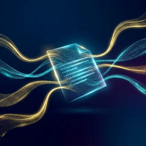 Blue and gold data streams intersect a glowing digital document, representing digital trust signals for a vendor shortlist.