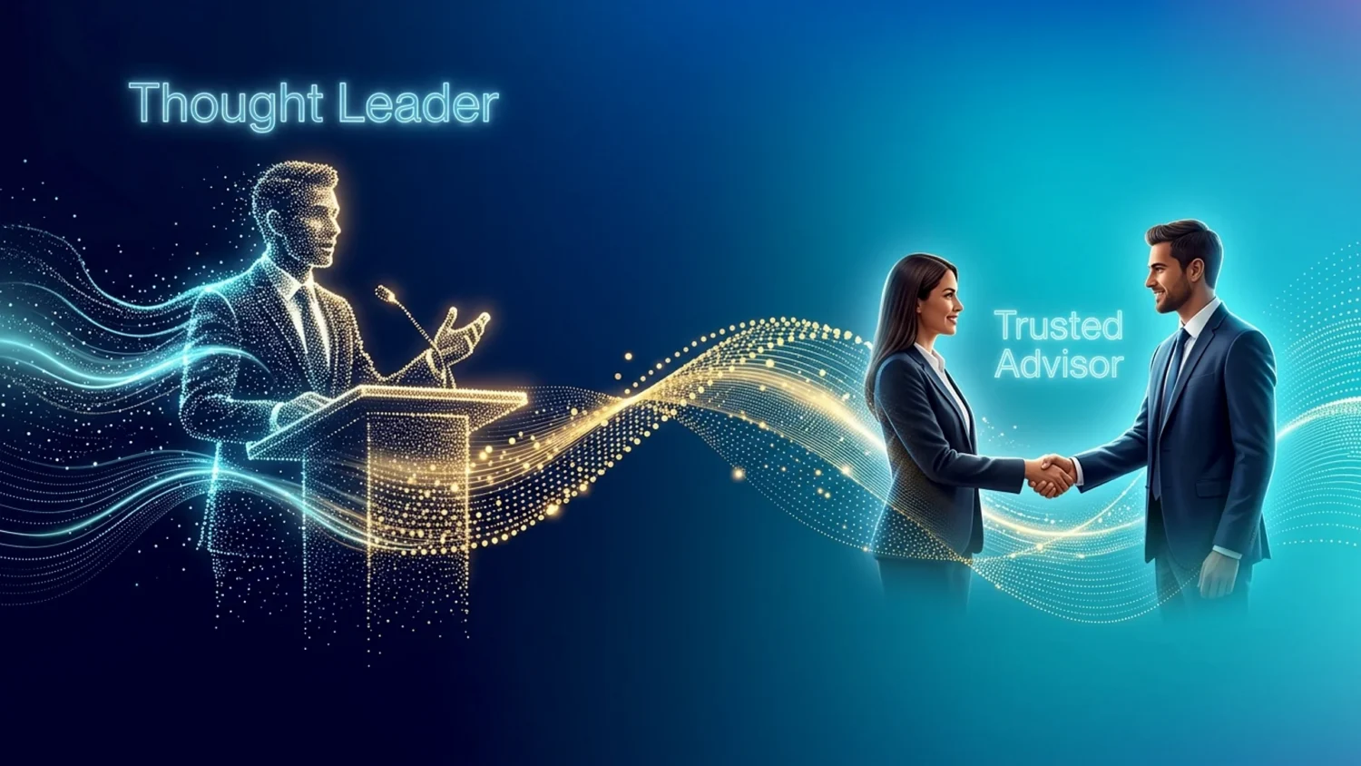 Digital Thought Leader at a podium connects via glowing waves to a Trusted Advisor shaking hands with a client.