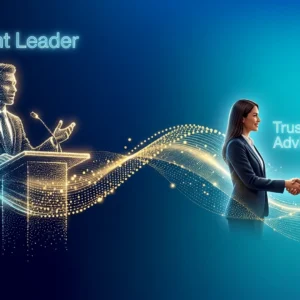 Digital Thought Leader at a podium connects via glowing waves to a Trusted Advisor shaking hands with a client.