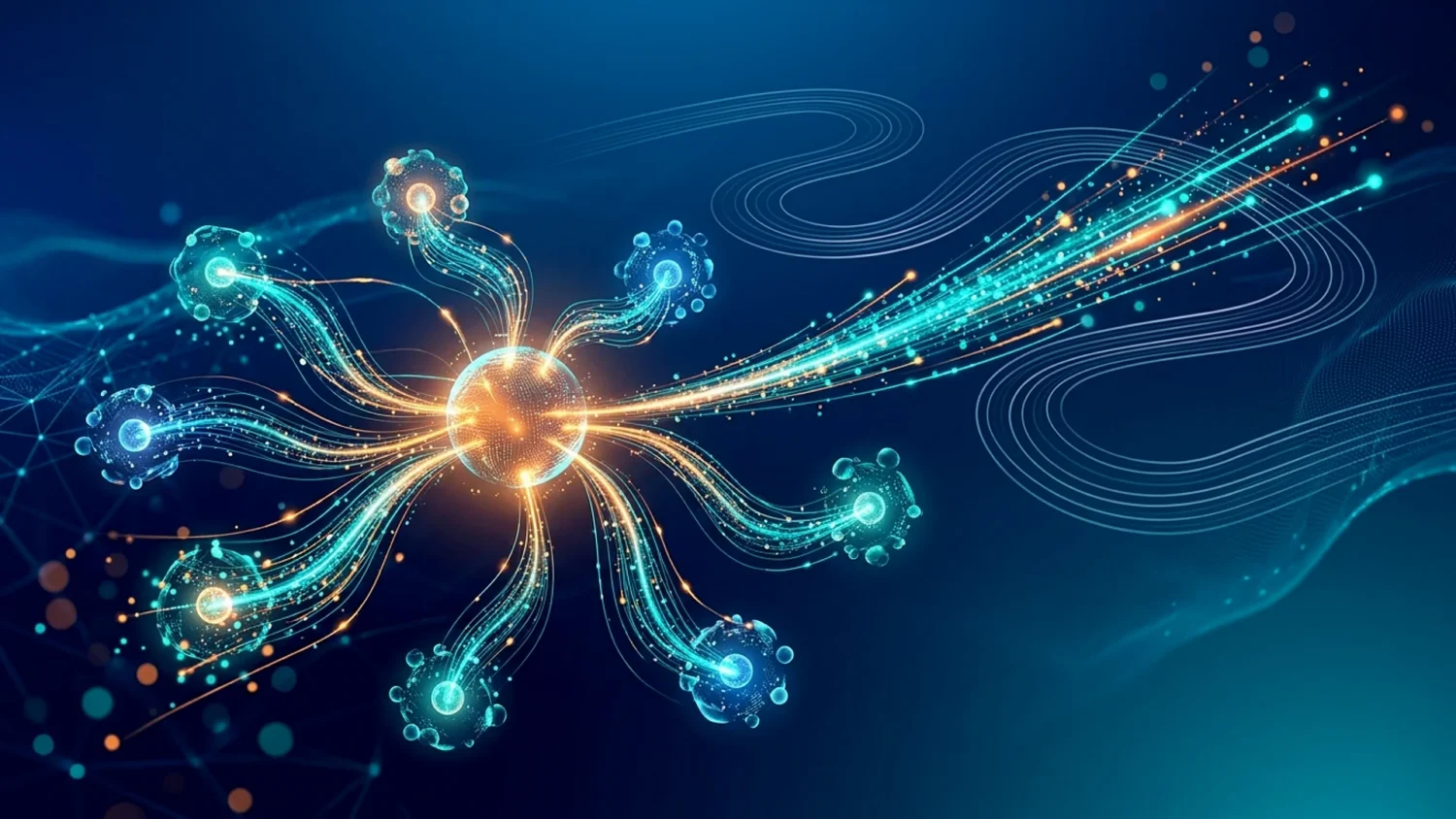 Glowing hub-and-spoke digital cluster featuring a central orange node connecting to smaller blue nodes via light trails.