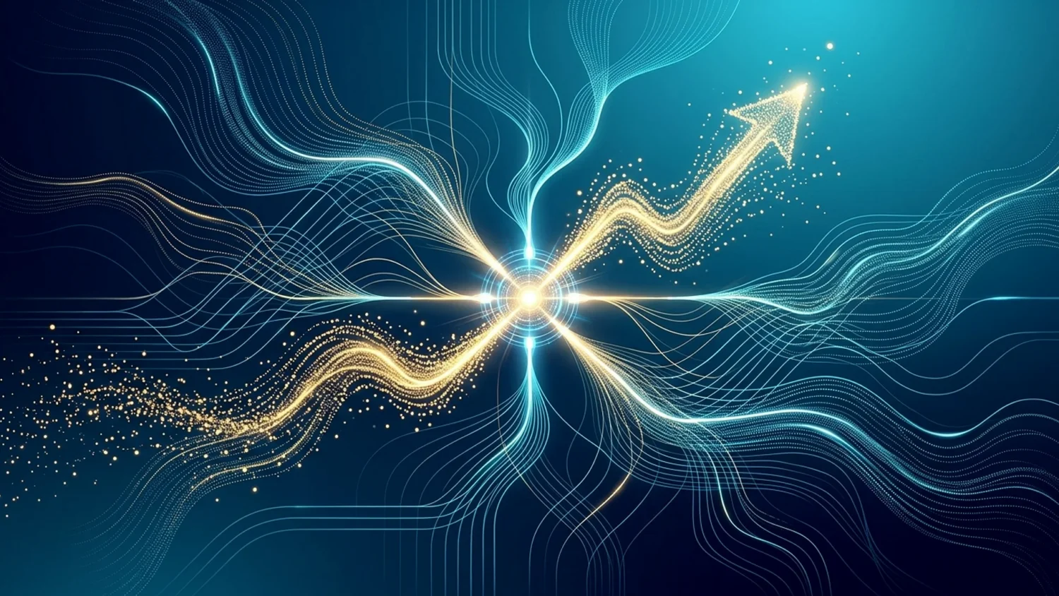 Glowing blue data lines converge to form an upward golden arrow, symbolizing structured digital authority growth.