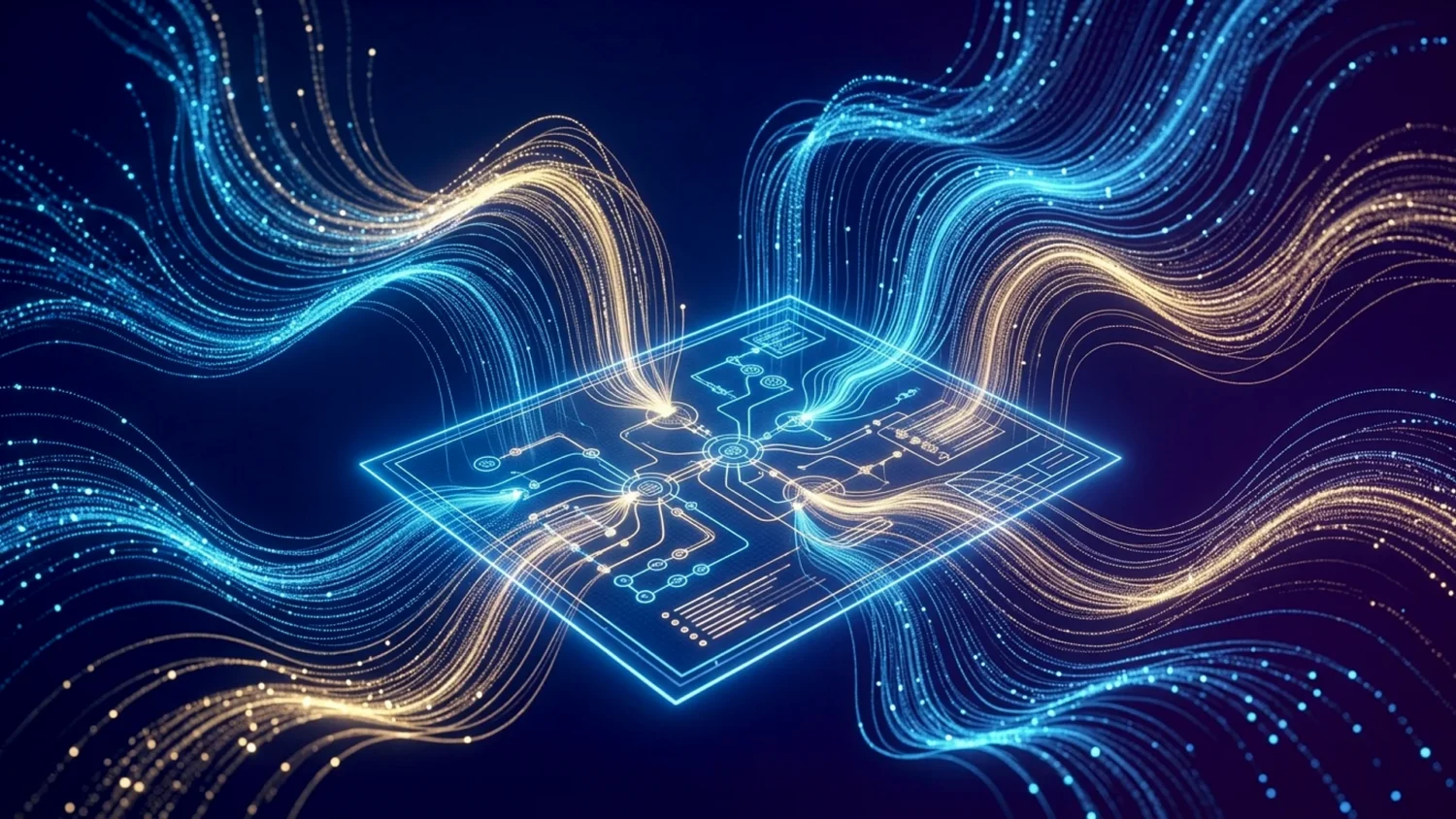 Glowing blue digital blueprint with flowing blue and gold data streams, representing a digital authority pipeline.