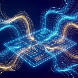 Glowing blue digital blueprint with flowing blue and gold data streams, representing a digital authority pipeline.