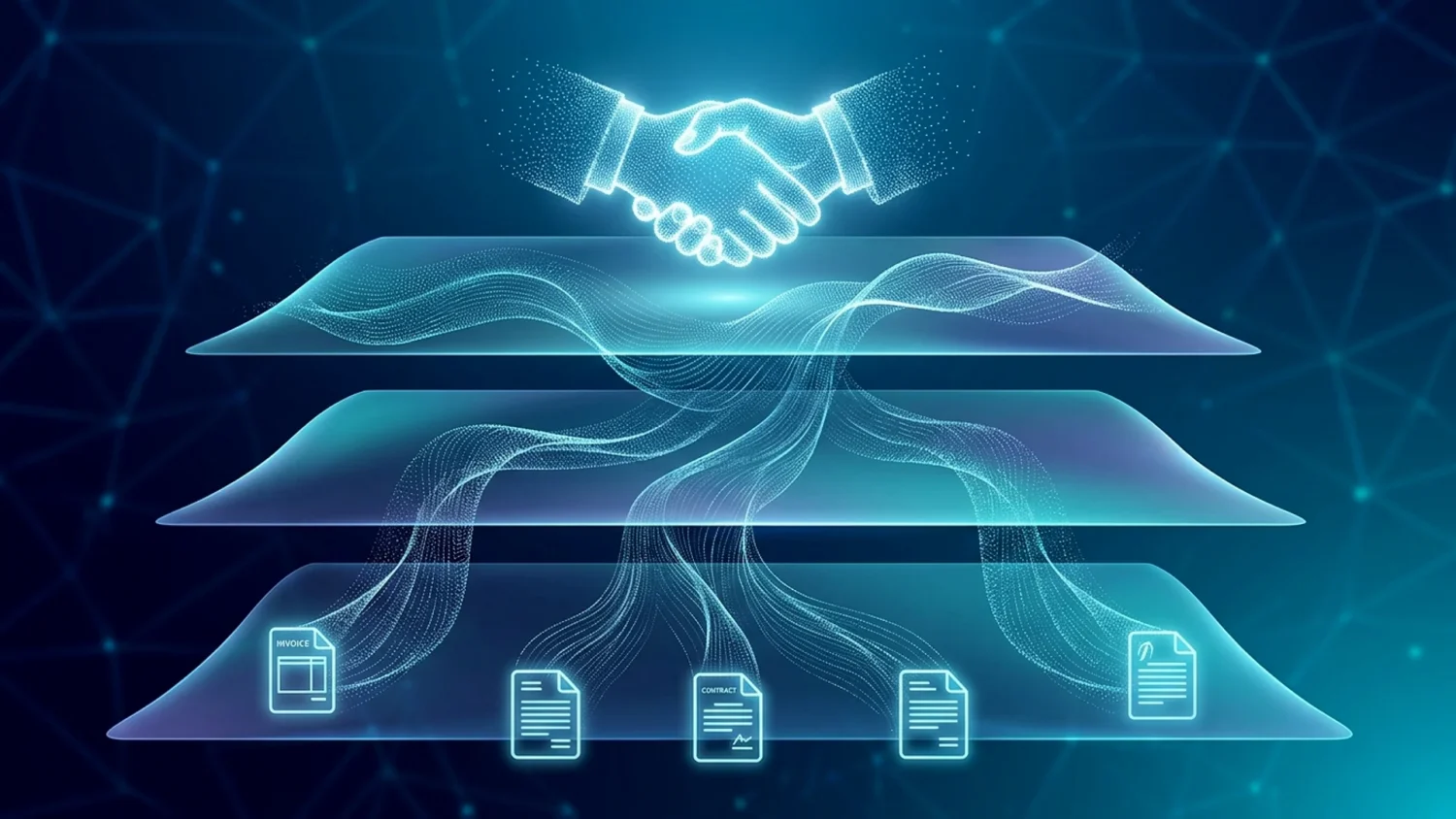 Glowing digital handshake above three abstract layers flowing into business documents for B2B trust architecture.