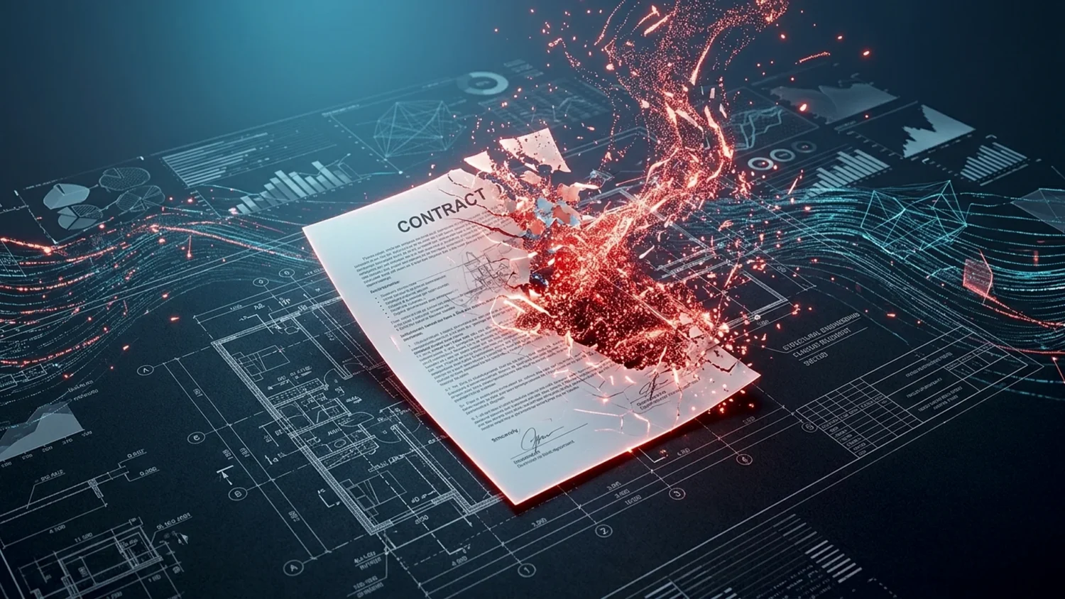 Paper contract shattering into glowing red digital particles over engineering blueprints and data.