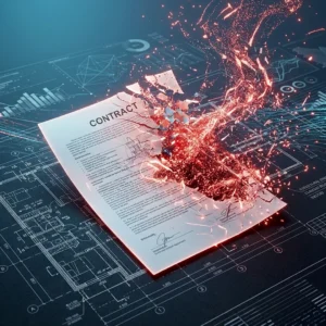 Paper contract shattering into glowing red digital particles over engineering blueprints and data.