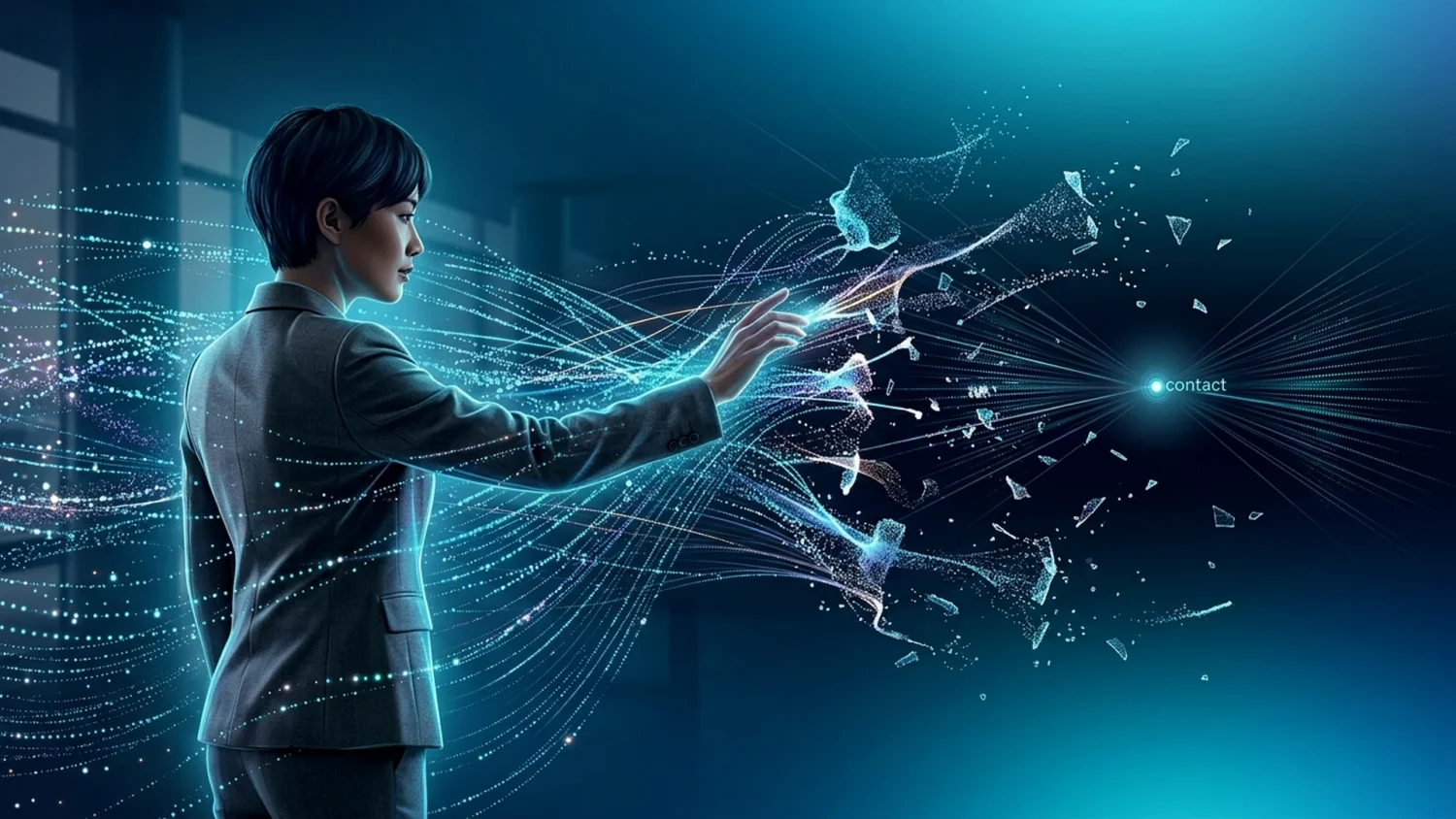B2B professional in suit touching glowing digital data streams that fragment near a contact point.