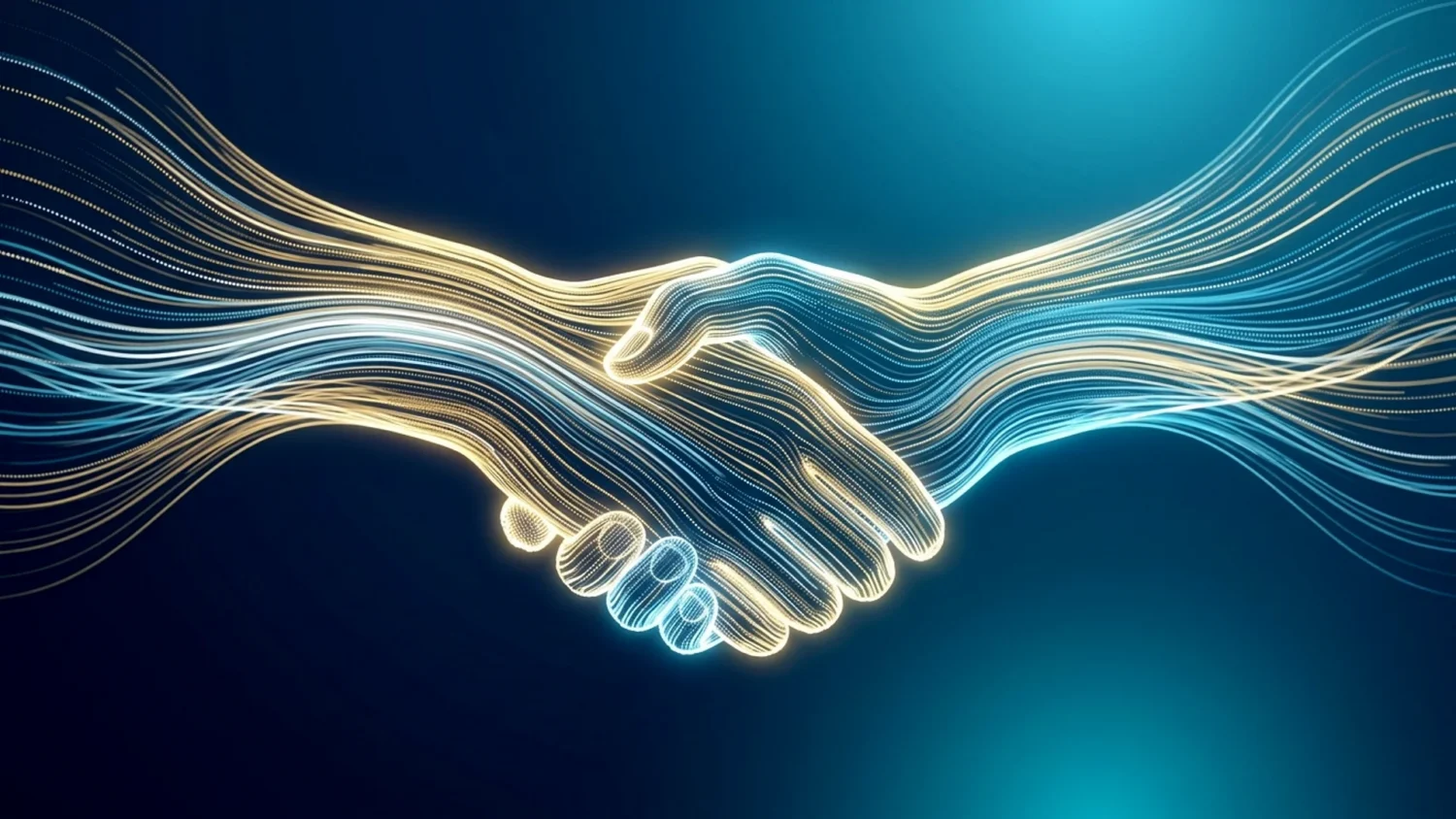 Glowing digital handshake formed by flowing blue and gold lines, symbolizing successful enterprise deals.