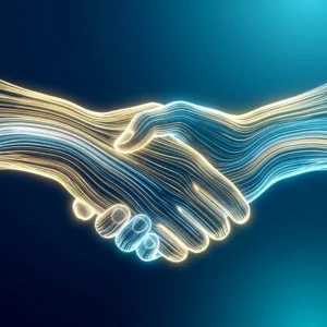 Glowing digital handshake formed by flowing blue and gold lines, symbolizing successful enterprise deals.