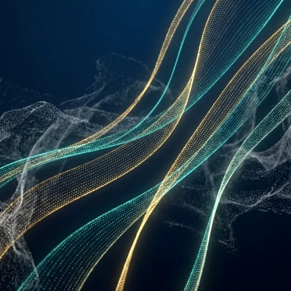 Abstract gold and cyan particle waves flowing on dark blue, representing distinct executive tone profiles.